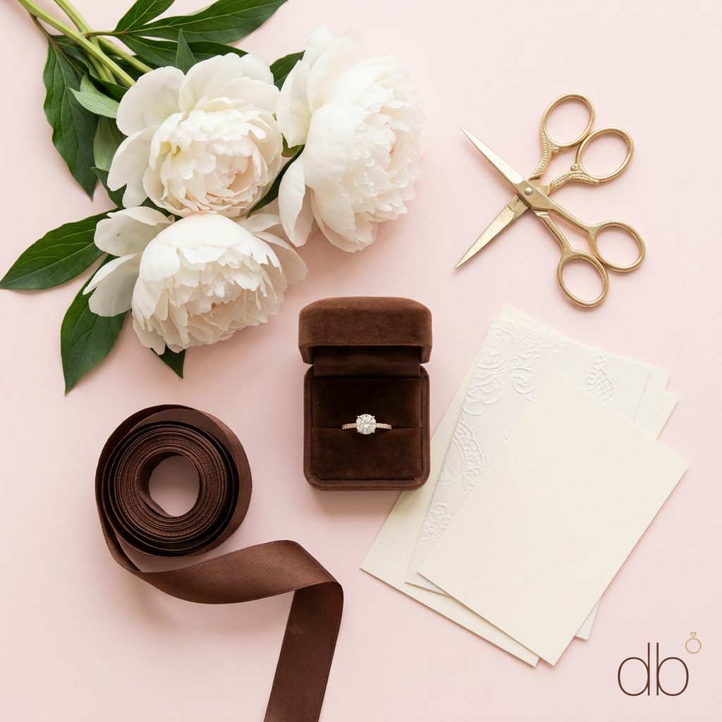 Flat lay of gold ring, peonies, and stationery