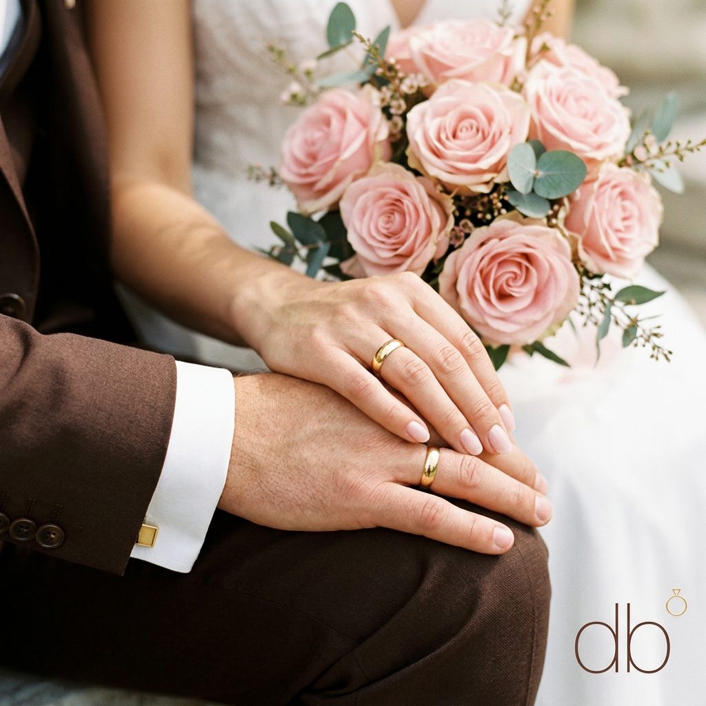 Bride and groom with wedding rings and bouquet