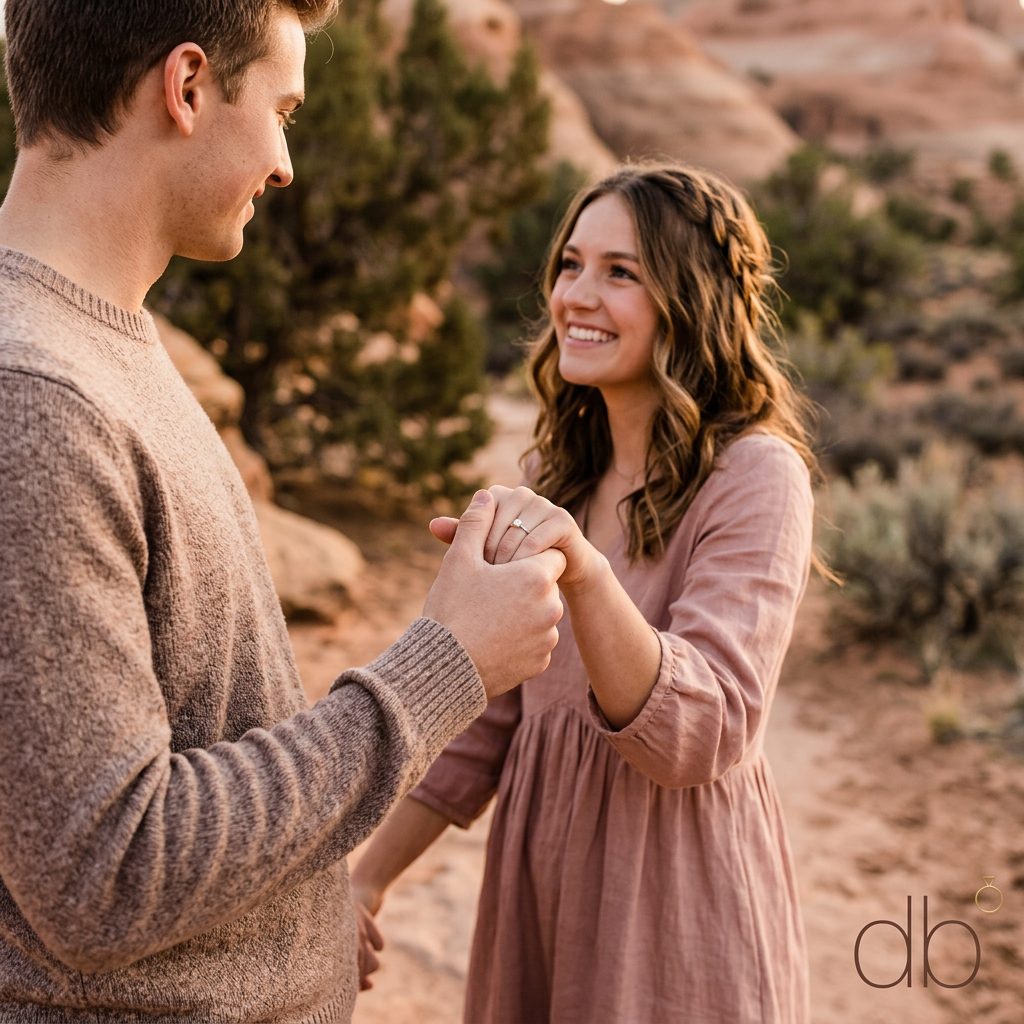 Engaged Utah couple holding hands at golden hour